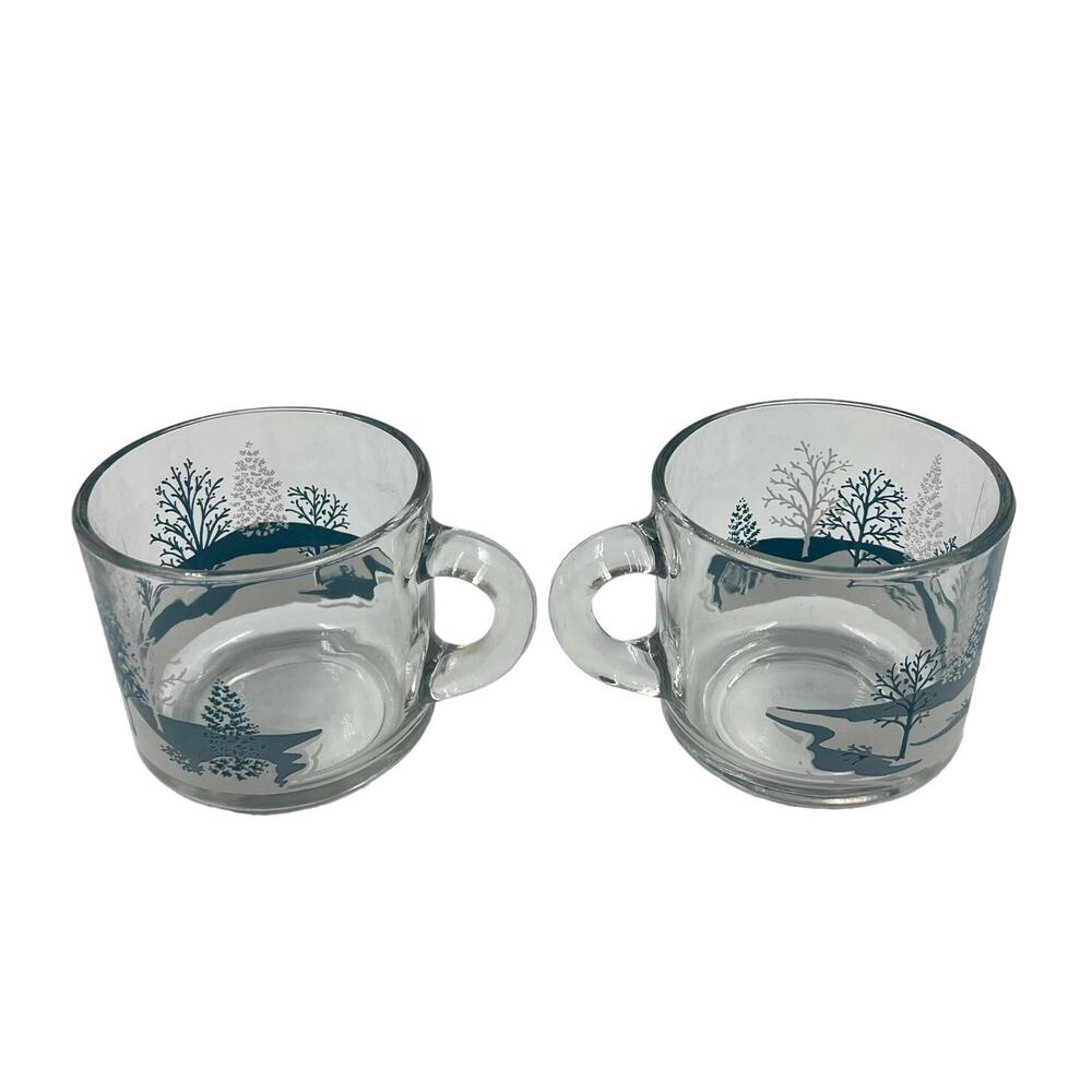 Vintage Anchor Hocking Clear Glass Coffee Tea Mugs Set 2 Christmas Winter 1970's - Picture 2 of 10